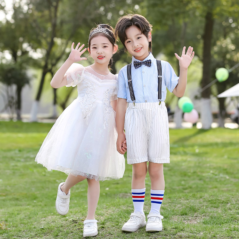 速发节一儿童六合唱服背带裤演出表照服蓬蓬裙幼儿园毕业演服装礼