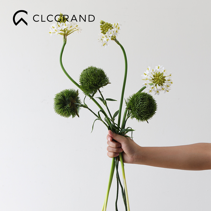 速发绿球毛花客厅装饰假花摆件高品质绿竹石花艺插花花束家居摆设