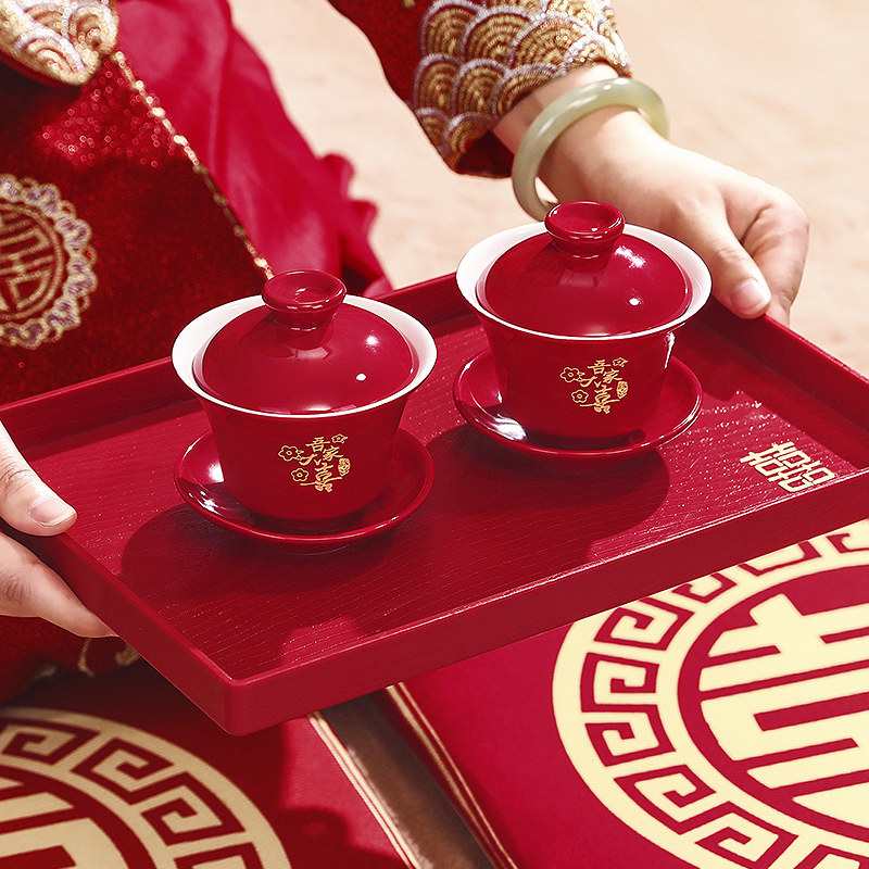 速发结婚改口敬对杯套装一茶喜碗杯筷子婚礼红色茶具敬酒陪嫁用品