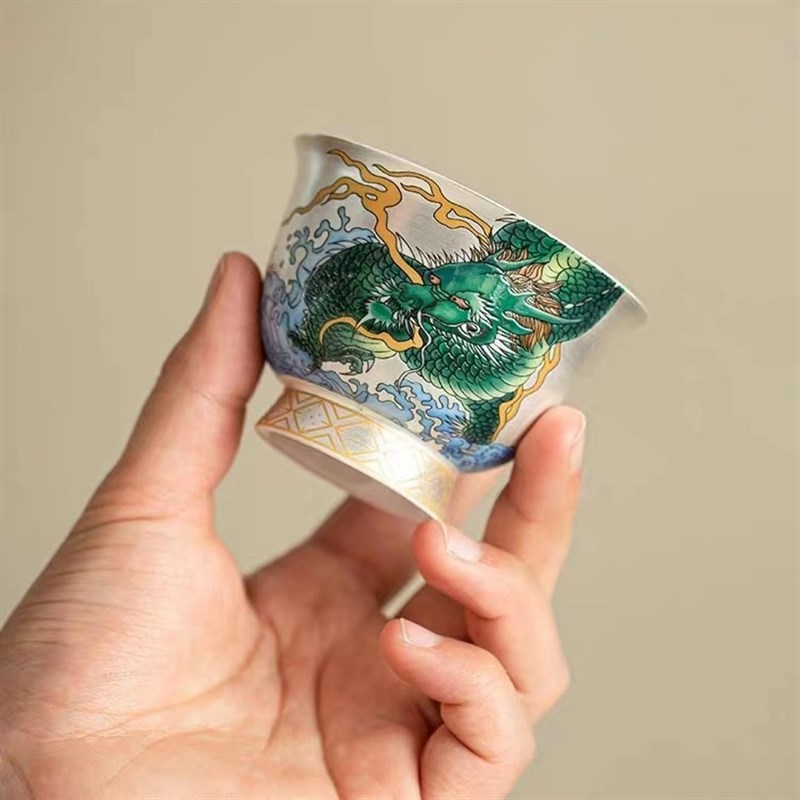 速发陶瓷青龙杯鎏银主人夫家用风杯茶具茶杯轻奢品茶杯高端国功品