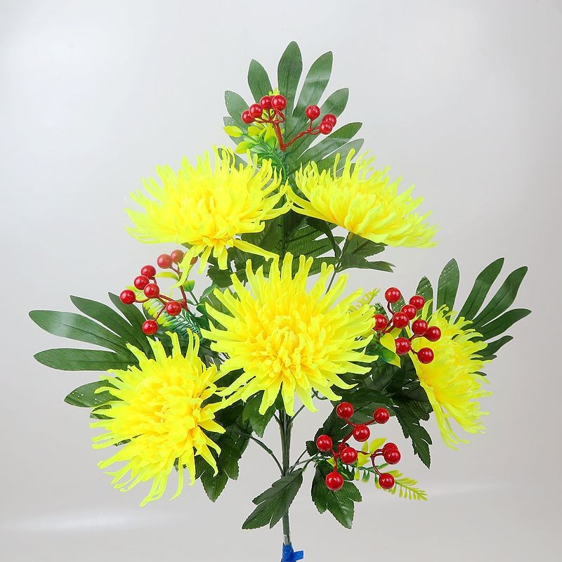 速发温馨花坊新款绢花花5形6果假菊花头扇干枝花金丝菊绢布假花