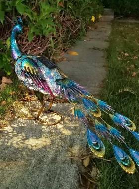 外贸欧美户外庭院别墅动物太阳能灯发光落地花园装饰摆件铁艺孔雀