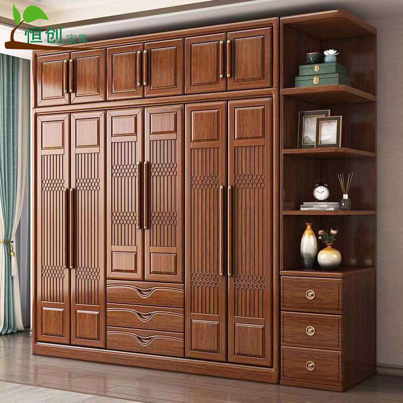 新款胡桃木衣柜简约平开门家用新中式主卧加厚雕花经济储物大衣橱