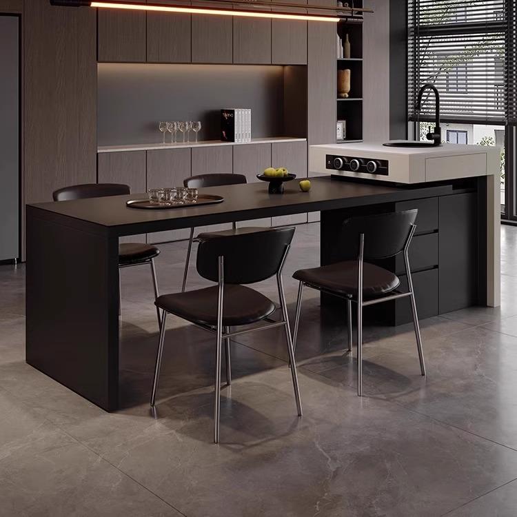 意式极简纯黑岩板带水槽岛台餐桌一体家用多功能可伸缩厨房中岛台