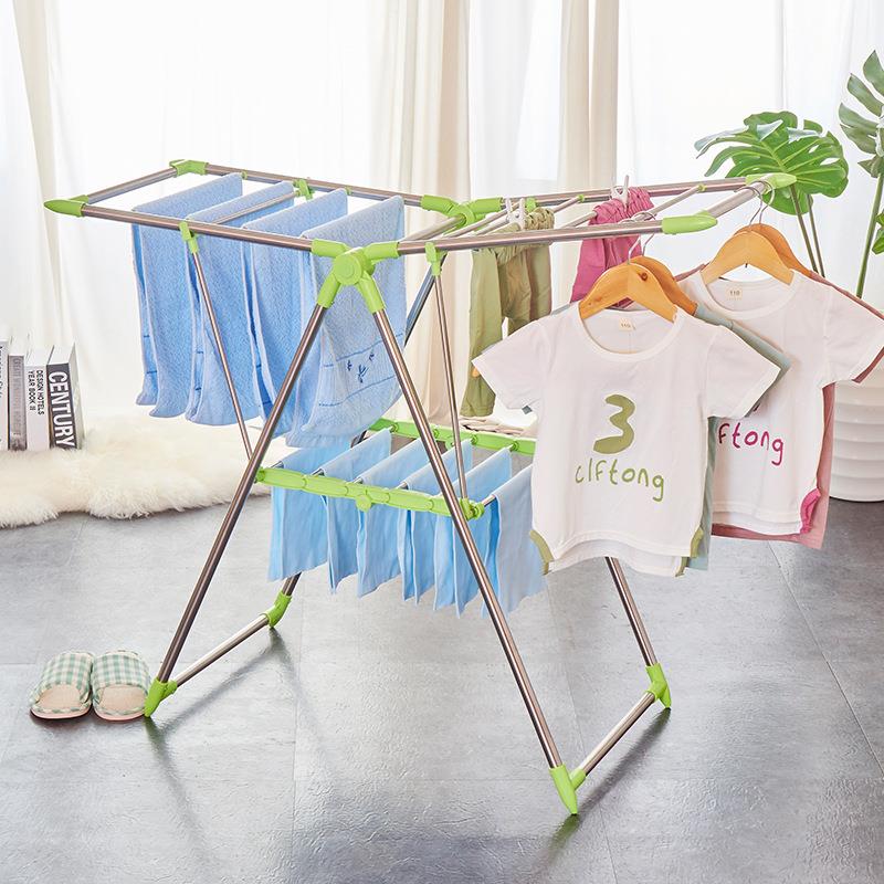 2F不锈钢晾衣架落地折叠室内阳台晒被子婴儿晒衣架翼型飘窗台毛巾