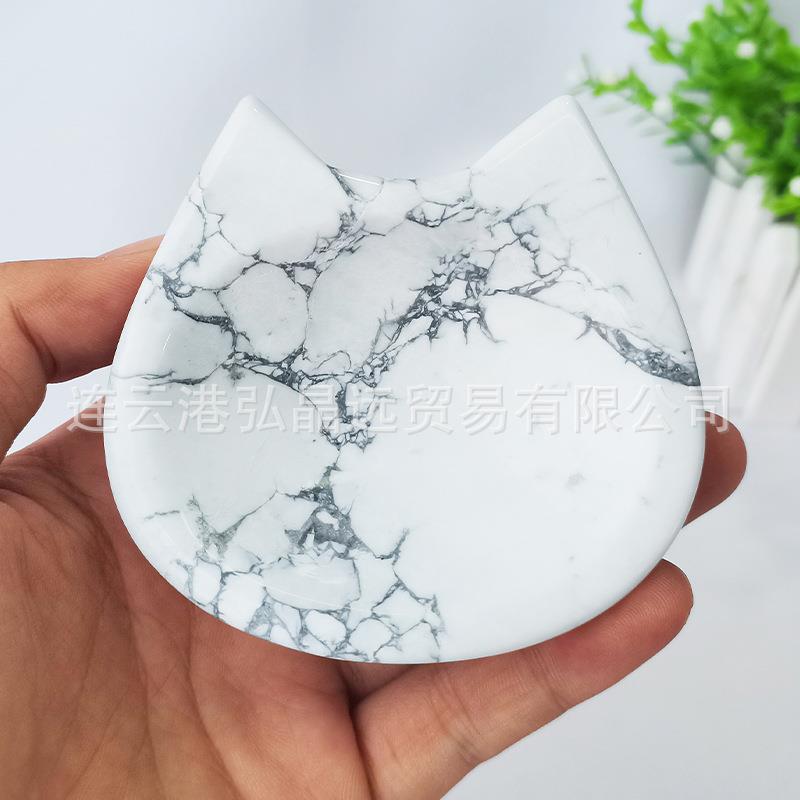 天然白纹石碗猫耳朵碗白松石猫盘水晶碗工艺品摆件家居装饰