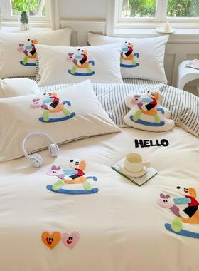 全棉水洗棉床上三件套秋冬季纯棉毛巾绣床单被套床笠款床品四件套