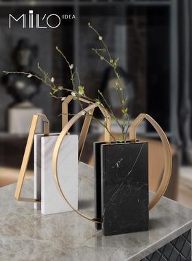 米洛思维轻奢黑白大理石花瓶高端设计师样板间摆件金属花器客厅玄