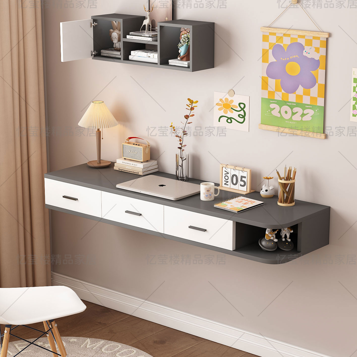 书桌家用悬空桌卧室床头化妆桌学生写字桌梳妆台挂墙笔记本电脑桌