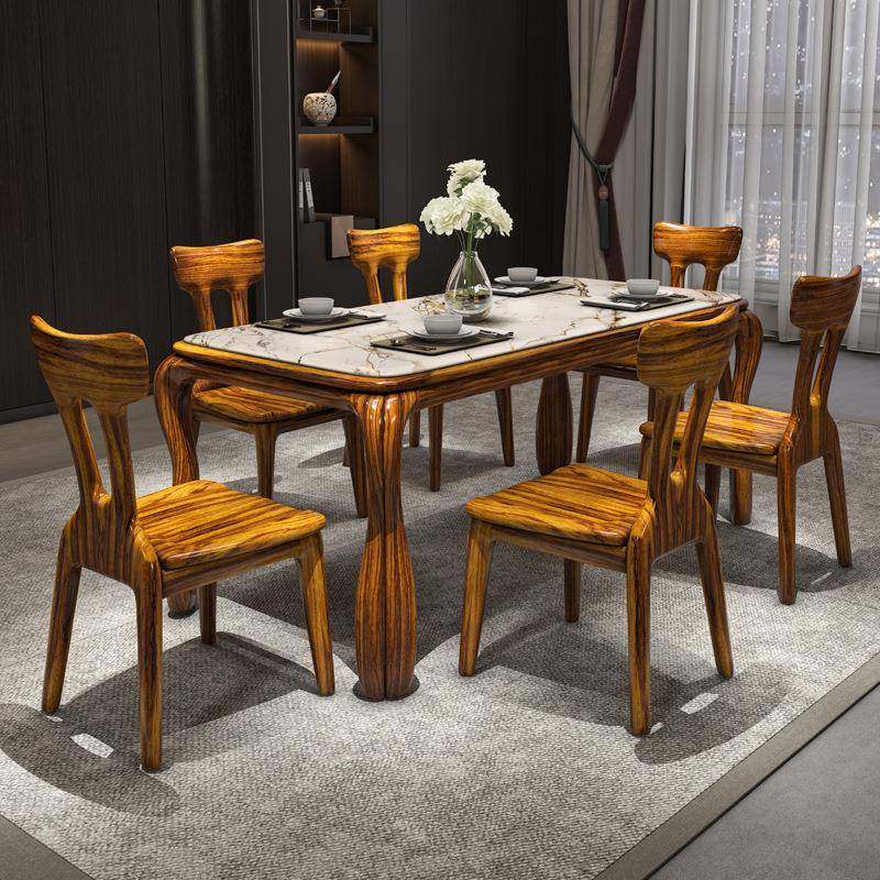 高端乌金木长方形餐桌椅组合家用简约现代新中式大理石台面饭桌子