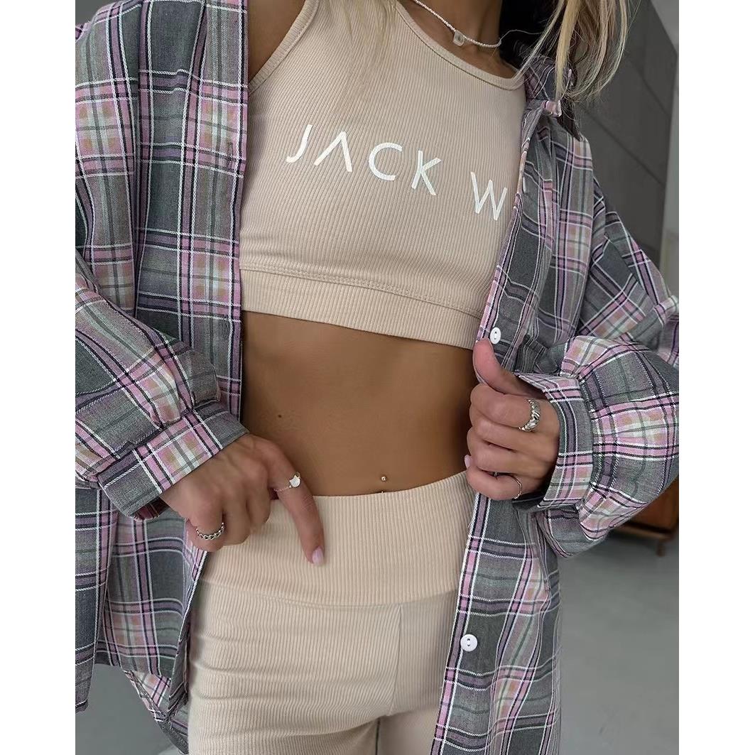 欧美风复古宽松翻领百搭开衫格纹衬衫Loose cardigan plaid shirt