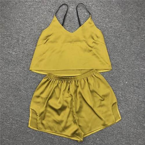 欧美仿丝吊带短裤睡衣家居服2套装女 homewear pajama set women