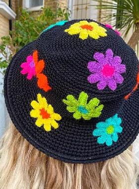 Dourbesty y2k Knitted Bucket Hats Women Flower Pattern Wide