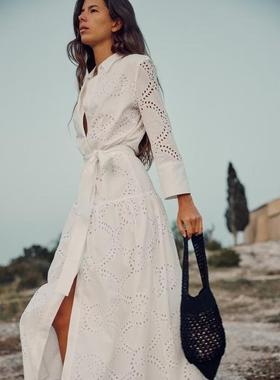 Long sleeved waistband shirt dress女士纯色长袖收腰衬衫连衣裙