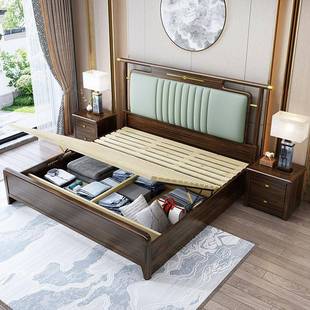 新中式 乌金木实木床现代双BOP小人卧婚床软床高箱包户主型储物大