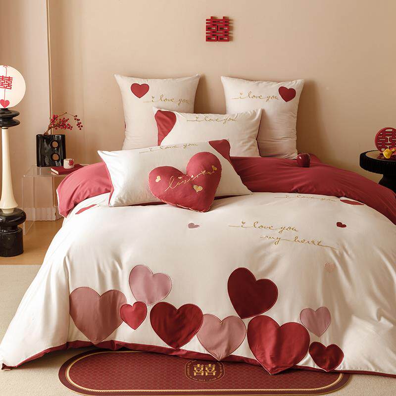 100支无品牌/长绒棉红婚庆四套件结婚喜单庆纯棉床被套大色床上用