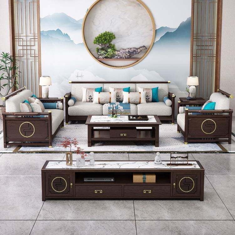 新中式轻PGZ奢实木沙发组全合现代式中客厅木布加转角贵妃沙发