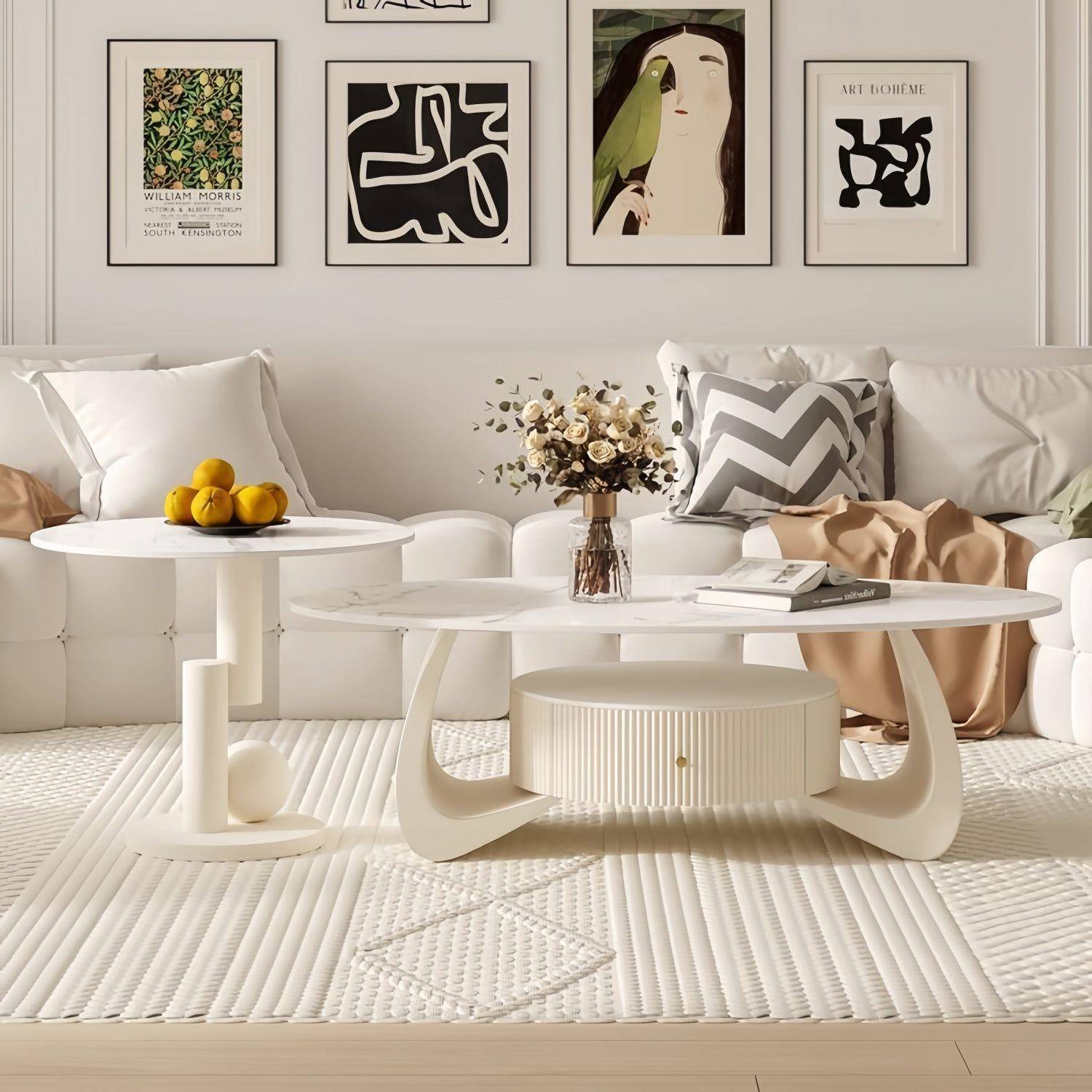 油【中NEN】茶几奶风形岩板茶户几椭圆茶几家用客厅小型简约现代