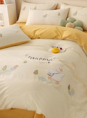 QZD夏季纯棉00全床上棉件套床笠刺绣床品1学生宿四舍床单被套三件