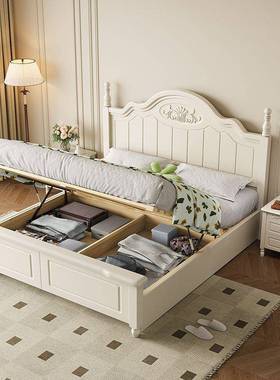 床双人主美式卧代室公气白色储物10040209奶油单田园实木床现压简