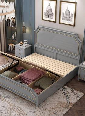 美式轻奢实婚木床主卧床法44096大式1.8米双人床欧式白色床储物高