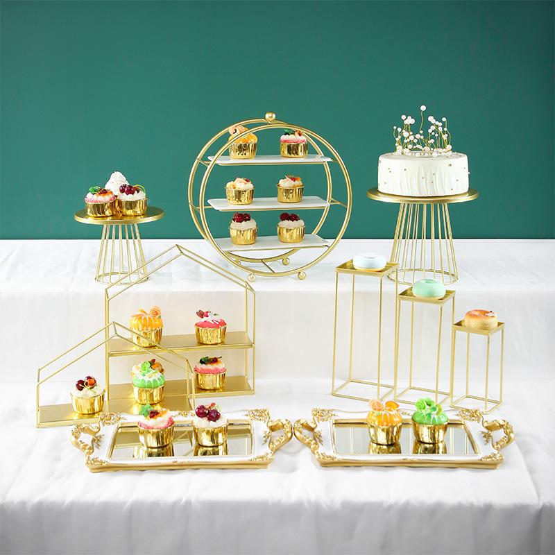 新款点心餐茶歇摆台欧式金甜品台摆TOB示件展架婚冷色礼装饰蛋糕