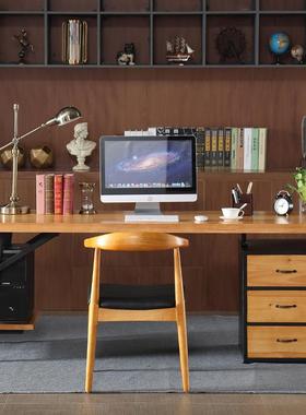 美老式工风古实木电脑桌带抽屉复长条板桌家业用简易书桌96422椅