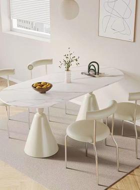 餐奶油桌风纯白色板餐椅组合现代简约小户型家用YYS半半圆岩餐桌