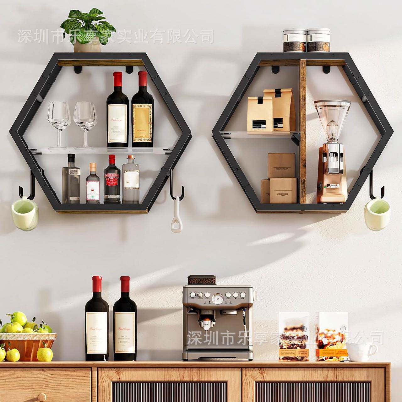 跨境墙壁浮动收25117纳壁架挂架式六角形隔板架家用功多能储物厂