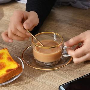 玻璃咖啡杯欧式金边套装带勺子碟子马克杯下午茶杯家用带把水杯