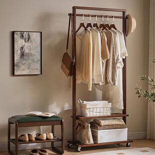 新中式实木挂衣架卧室落地带万向轮子可移动衣帽架床边放衣服
