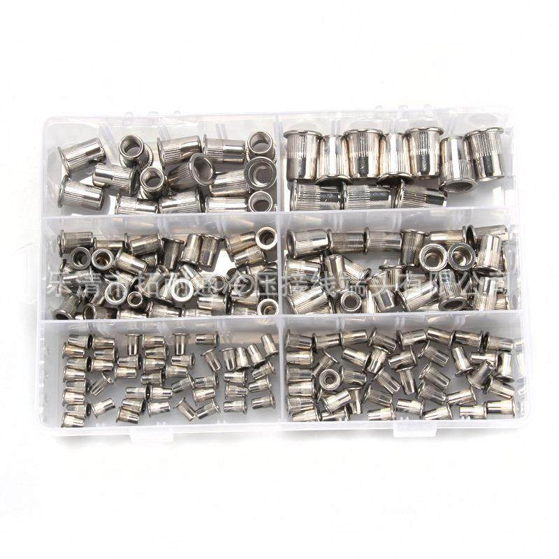 不锈钢铆螺母180PCS圆柱空心拉帽螺母铆螺母平头竖纹钢铆螺母