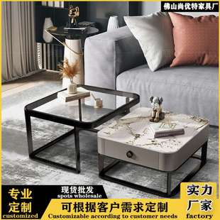 轻奢岩板茶几方形组合客厅家用小户型简约伸缩储物茶台茶几桌 意式