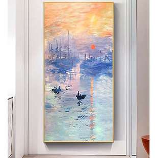 饰画 莫奈日出风景纯手绘油画现代简约走廊过道挂画轻奢壁画玄关装