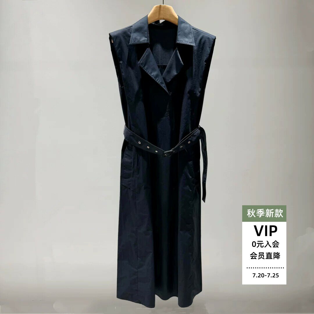 轻熟简约无袖翻领女中长风衣