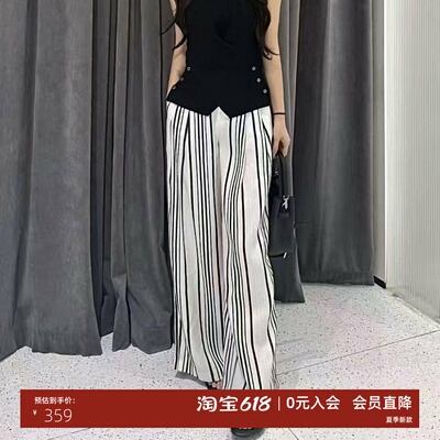 夏款条纹亚麻休闲阔腿裤