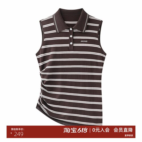条纹POLO领无袖针织衫女背心上衣