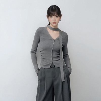 收腰V领飘带针织衫毛衣上衣女