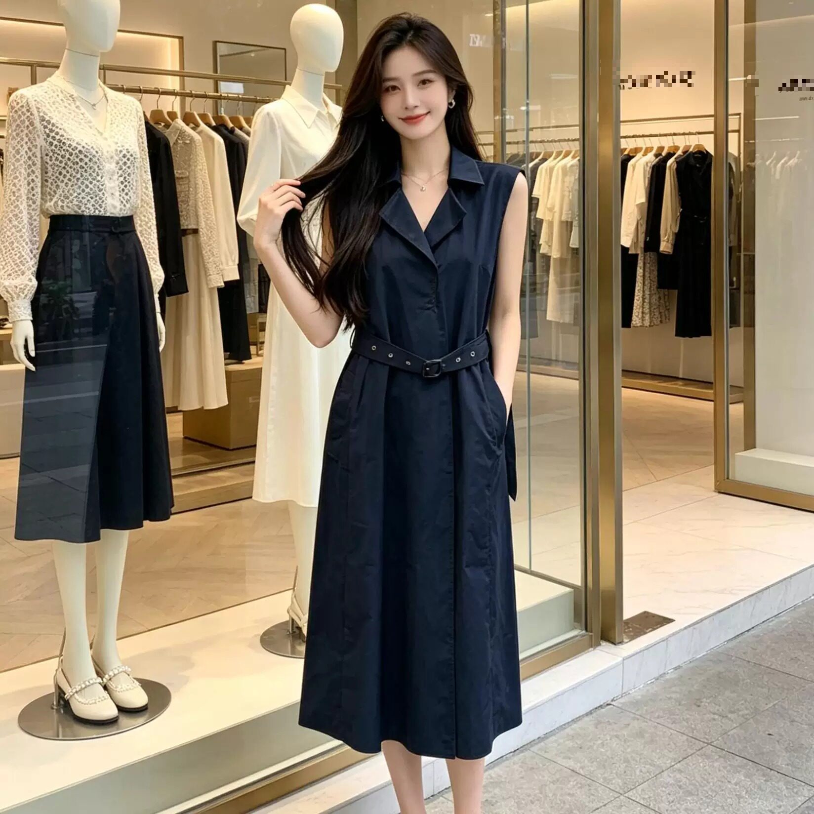 轻熟简约无袖翻领女中长风衣