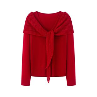 2026春季新款红色绑带披肩针织衫女长袖打底衫毛衣1273
