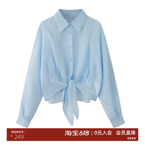 休闲风苎麻翻领系带长袖衬衫女