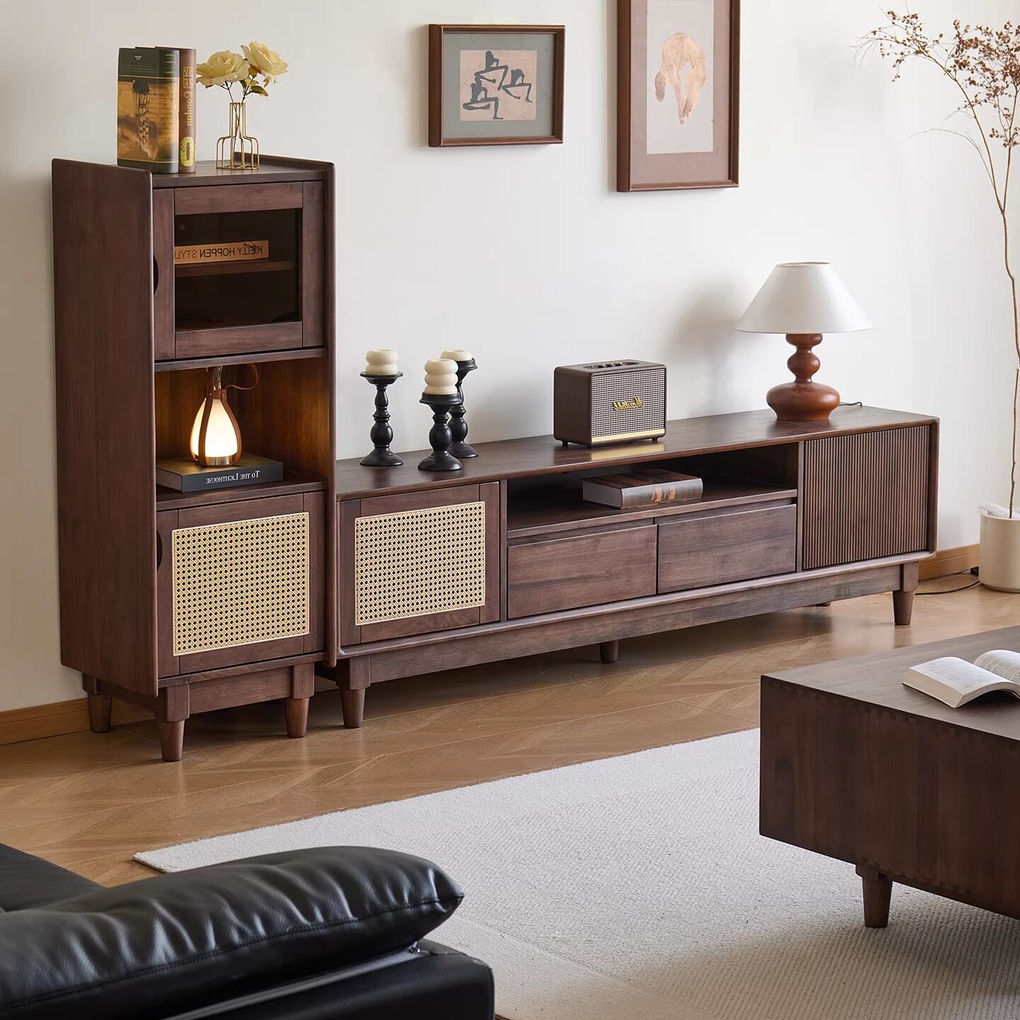 藤编实木电视柜客厅2026新款中式地柜家用黑胡桃木现代简约储物柜