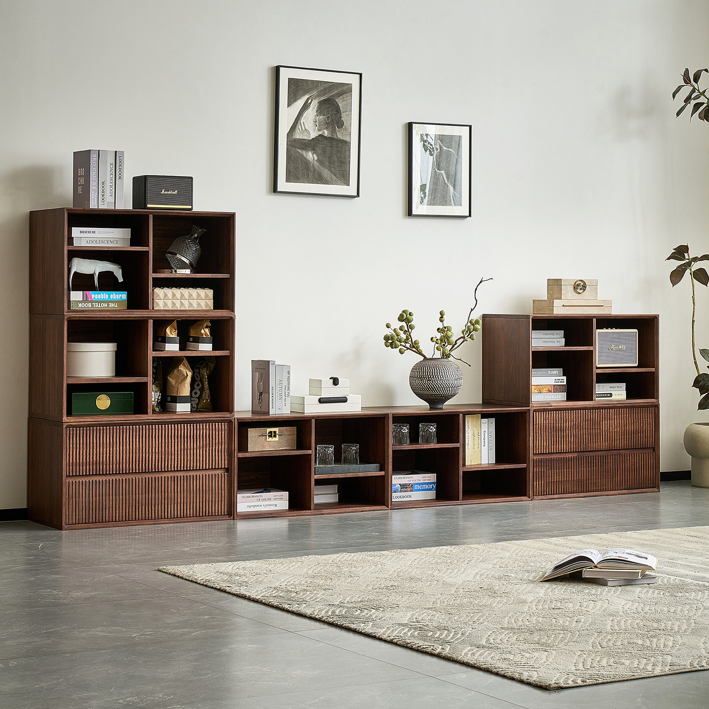 北美黑胡桃木全实木电视机柜简约模块组合收纳储物柜客厅地柜书柜