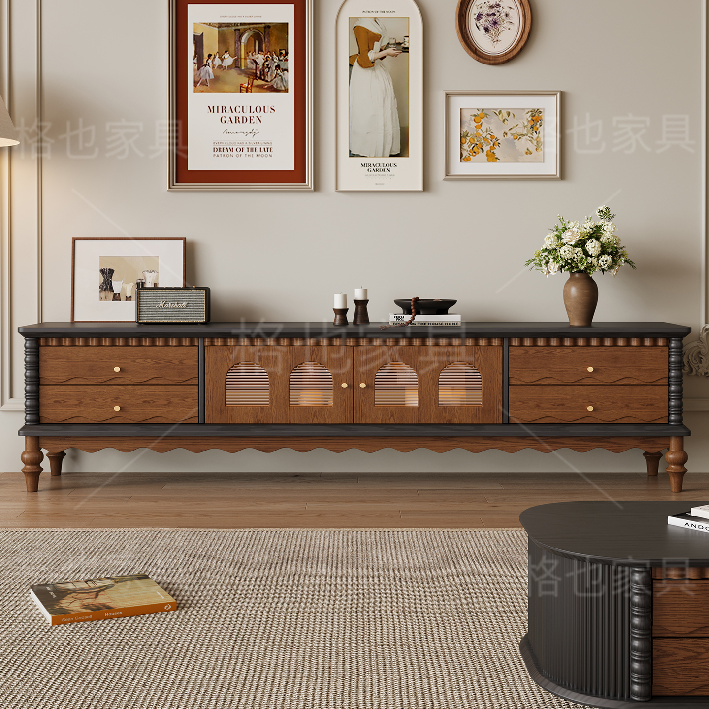 法式复古全实木电视柜中古风家用客厅小户型红橡木靠墙抽屉储物柜