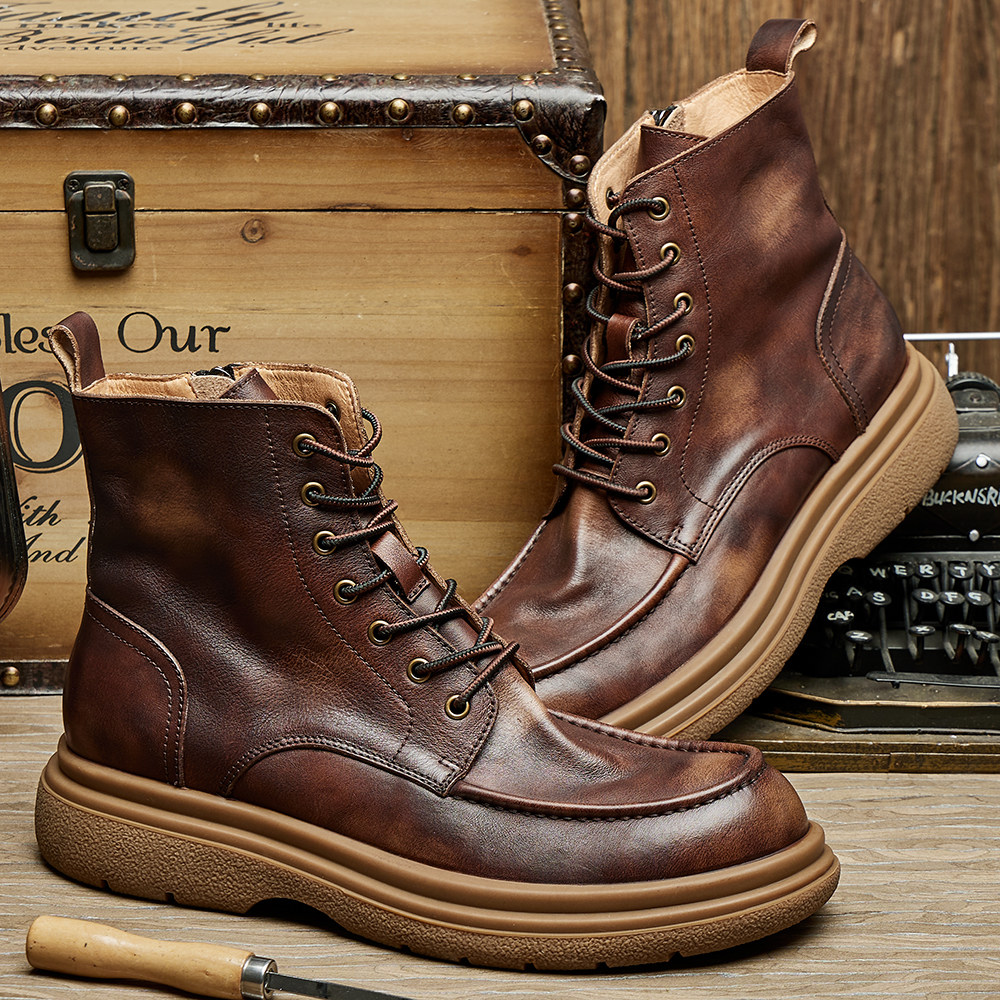 牛皮马丁靴男士高帮英伦风复古圆头机车靴短靴厚底工装靴秋冬靴子