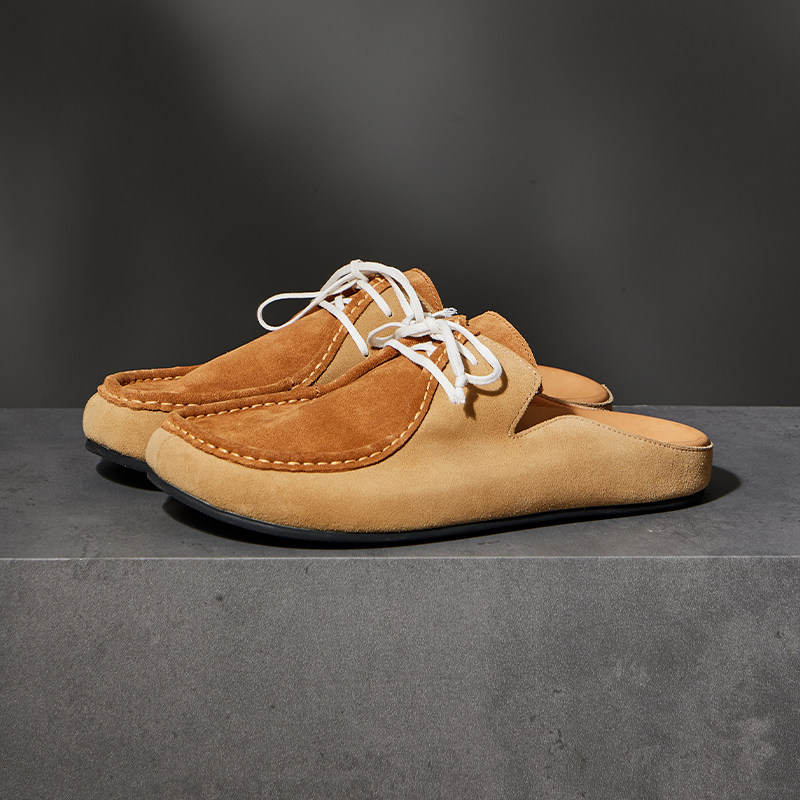 先大头原创包头穆勒拖方头老钱风勃肯半拖男士夏季真皮百搭时尚