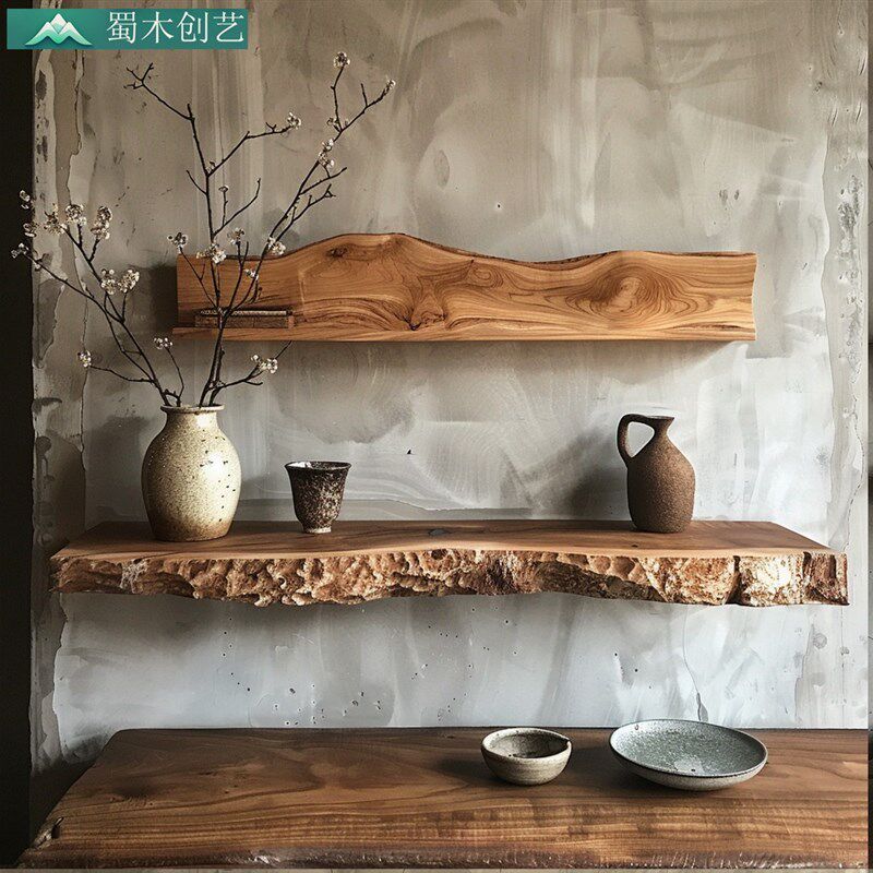 香樟木不规则实木墙上置物架墙壁上一字隔板收纳悬空电视柜背景墙