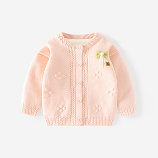 儿童毛衣秋季女宝婴儿小女孩针织打底衫秋冬米色粉色圆领白色洋气