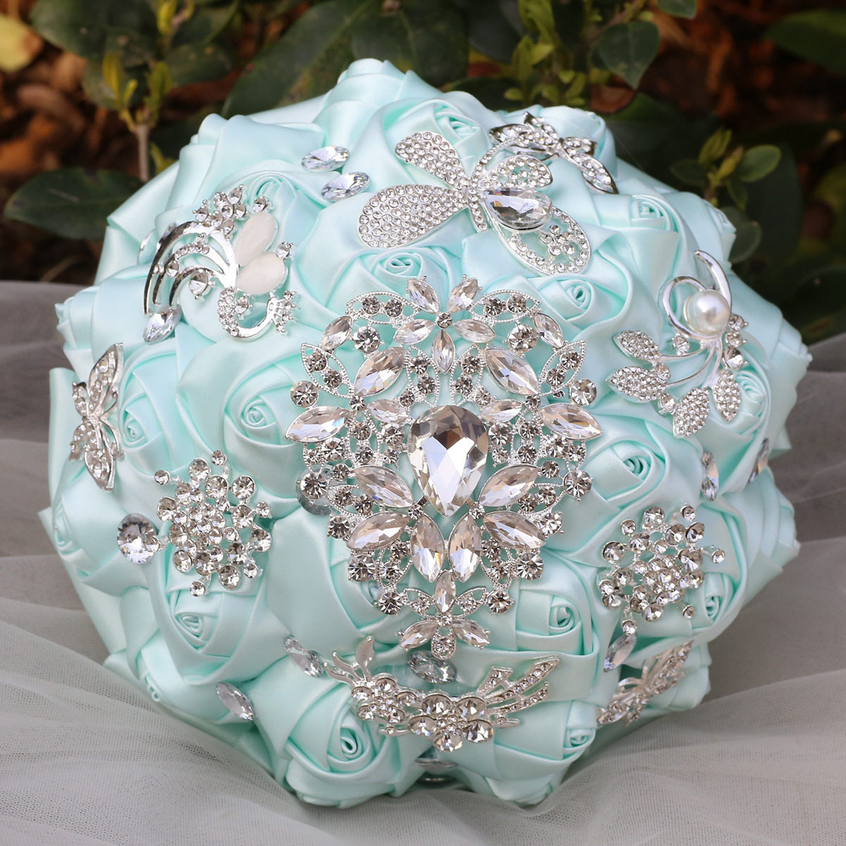 现货 婚庆用品韩式新娘手捧花水钻饰品仿真缎面玫瑰手捧花束W317C