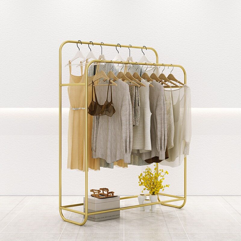 服装店双排中岛展示架落地式双杠店铺中间轻奢金色高低挂衣架图片